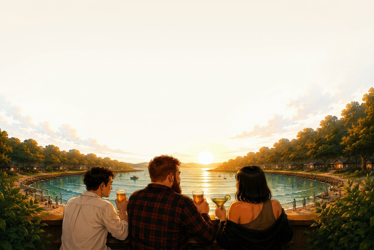 Three friends watching a coastal sunset with drinks